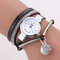 Crystal Pendant Women Bracelet Watch Retro Style Leather Strap Quartz Watch - Black