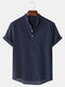 Mens Breathable Flax Stand Collar Short Sleeve Solid Henley Shirt - Navy