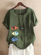 Fish Print Short Sleeve Button Plus Size Summer T-shirt - Army Green