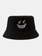 Unisex Cotton Solid Color Funny Face Embroidery All-match Sunscreen Bucket Hat - Black