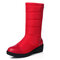 Down Cloth Warm Waterproof Pure Color Mid Calf Lightweight Chunky Heel Boots - Red