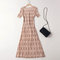 D1172-European Style Women's Season New Round Neck Geometric Print Short-sleeved Pleated Dress - Apricot