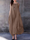 Solid Sleeveless Pocket Vintage Dress For Women - Coffee