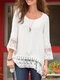 Women Lace Patchwork Crew Neck Casual 3/4 Sleeve Blouse - White