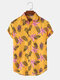 Mens Leaf Pattern Yellow Button Up Lapel Short Sleeve Shirt - Yellow