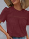 Women Lace Trim Hollow Detail Cotton Puff Sleeve Blouse - Wine Red
