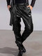 Men Belt Tie Artificial Leather Casual Pants - Black