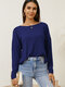 Solid Backless Pearl Long Sleeve Crew Neck T-shirt - Blue