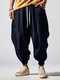 Pantalon à taille avec cordon de serrage et manchette élastique pour hommes, couleur unie, ample, avec poche - Marine