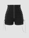 Solid Lace Up Zip Front Shorts - Black