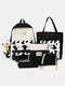 4 PCS Canvas Preppy Cow Pattern Multifunction Combination Bag Tote Backpack Crossbody Clutch Wallet - Black