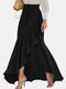 Solid Color Ruffle Waistband Asymmetrical Long Elegant Skirt for Women - Black