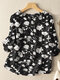 Women Floral Print Frill Neck Button Detail 3/4 Sleeve Blouse - Black