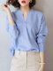Women Solid Stand Collar Long Sleeve Blouse - Blue