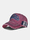 Men Washed Distressed Cotton Contrast Colors Letter Embroidered Broken Hole Vintage Sunshade Baseball Cap - Wine Red