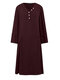 Solid Color Button Long Sleeves V-neck Casual Dress - Wine Red