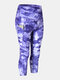 Women Tie-Dye Quick-Drying Elastic Skinny High Waist Sports Cropped Pants With Side Pocket - Purple
