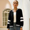  Black and white contrast color round neck long sleeve fashion plush zipper sweater coat - Black and white contrast