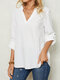 Women Long Sleeve Loose Stand Collar Solid Button Blouse - White