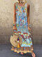 Vintage Floral Printed O-neck Sleeveless Ethnic Maxi Dress - Light Blue 1