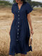 Solid Lapel Short Sleeve Button Front Casual Dress - Navy