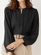 Solid Long Sleeve Notch Neck Blouse For Women - Black