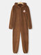 Plus Size Women Plush Christmas Patched Zip Front Hooded Onesies Pajamas - Coffee