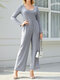 Striped Print Patchwork Long Sleeve Casual Jumpsuit for Women - Blue
