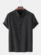 Mens Solid Color Cotton Linen Stand Collar Loose Casual Short Sleeve Shirts - Black