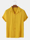 Mens Solid Color Revere Collar Casual Short Sleeve Shirts - Yellow