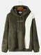 Mens Plush Contrast Patchwork Embroidered Drop Shoulder Casual Drawstring Hoodies - Army Green