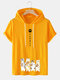 Mens Japanese Cute Cat Print Short Sleeve Drawstring Hooded T-Shirts - Yellow