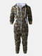 Men Camo Thick Hooded Track Onesies Loungewear Zipper Casual Jumpsuit With Pockets - Army Green