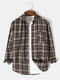 Mens Plaid Lapel Long Sleeve Button Up Shirt With Pocket - Brown