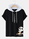 Mens Japanese Panda Print Short Sleeve Hooded T-Shirts - Black