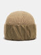Unisex Acrylic Knitted Thickened Solid Color Satin Cloth Patch Patchwork Fashion Warmth Brimless Beanie Hat - Khaki
