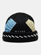 Unisex Knitted Color Contrast Suture Cloth Patch Vintage Warmth Brimless Beanie Hat - Black
