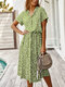 Bohemian Dot Print Short Sleeve Button Drawstring V-neck Holiday Dress - Green