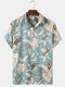 Mens Leaf Print Casual & Breathable Chest Pocket Short Sleeve Shirts - Lake Blue