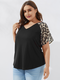 Leopard Print V-neck Raglan Sleeve Plus Size T-shirt for Women - Black