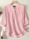 Women Solid Stand Collar Half Button Cotton 3/4 Sleeve Blouse - Pink