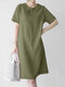 Women Solid Peter Pan Collar Short Sleeve Dress - Green