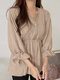 Lace Trim Puff Sleeve Ruffle V-neck Solid Blouse - Apricot