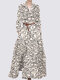 Макси с длинными рукавами и складками с карманом и геопринтом Платье - Абрикос