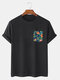 Mens Tropical Floral Print Crew Neck Cotton Short Sleeve T-Shirts - Black