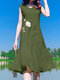 Women Floral Embroidered V-Neck Ruffle Hem Cotton Sleeveless Dress - Green