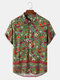 Mens Floral Paisley Print Stand Collar Ethnic Short Sleeve Henley Shirts - Green