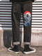 Men's Fashion Carp Embroidered Hip Hop Straight Jeans - Black