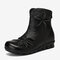 Women Handmade Flowers Soft Leather Round Toe Warm Zipper Boots - Black