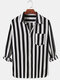 Mens Stripe Relaxed Fit Casual Long Sleeve Designer Shirts Wtih Pocket - Black